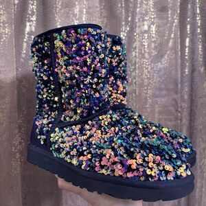 UGG Classic Short Stellar Sequin Boots Purple Iridescent Medallion Sparkle US 8